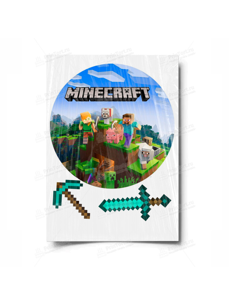 Сахарная и вафельная Картинка для торта «Майнкрафт» — PT100086 | Пищевая печать на торте, сахарной, вафельной бумаге -> PrinTort.ru