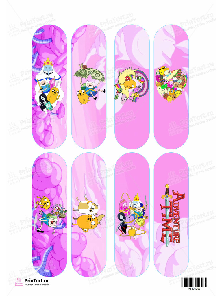 Сахарная и вафельная Картинка для эклеров «Время приключений (Adventure time)» — PT101297 | Пищевая печать на торте, сахарной, вафельной бумаге -> PrinTort.ru
