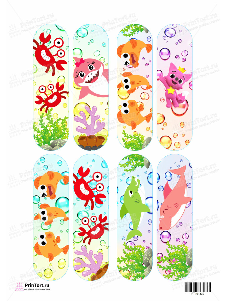 Сахарная и вафельная Картинка для эклеров «Акулёнок (Baby Shirk)» — PT101332 | Пищевая печать на торте, сахарной, вафельной бумаге -> PrinTort.ru