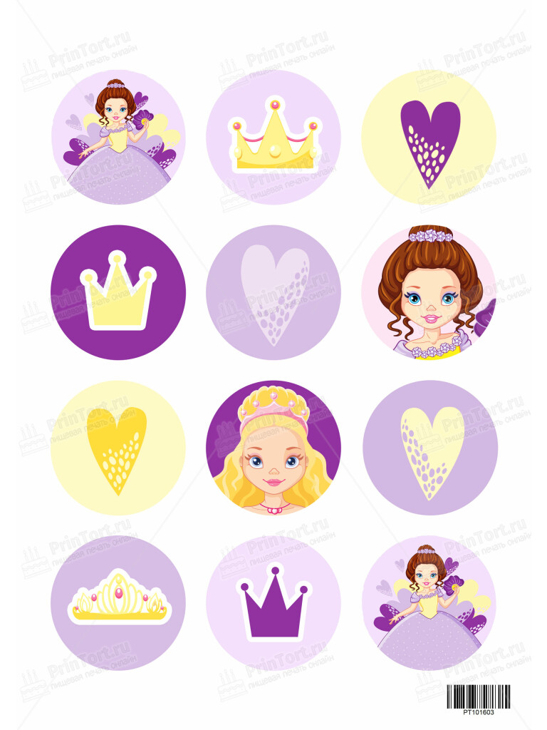 Сахарная и вафельная Картинка для капкейков «Принцесса» — PT101603 | Пищевая печать на торте, сахарной, вафельной бумаге -> PrinTort.ru