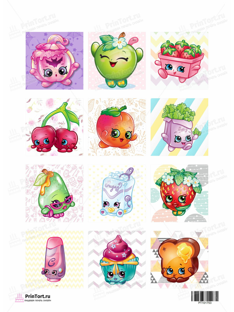 Сахарная и вафельная Картинка для торта «Шопкинс (Shopkins)  — PT101753 | Пищевая печать на торте, сахарной, вафельной бумаге -> PrinTort.ru