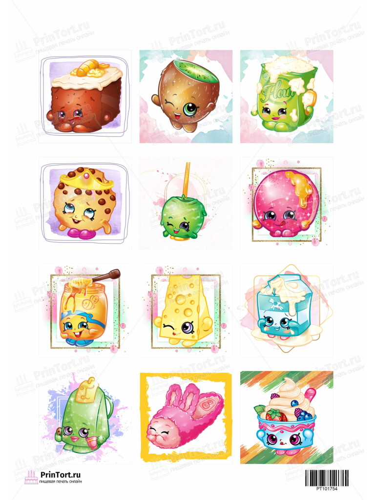 Сахарная и вафельная Картинка для торта «Шопкинс (Shopkins)  — PT101754 | Пищевая печать на торте, сахарной, вафельной бумаге -> PrinTort.ru