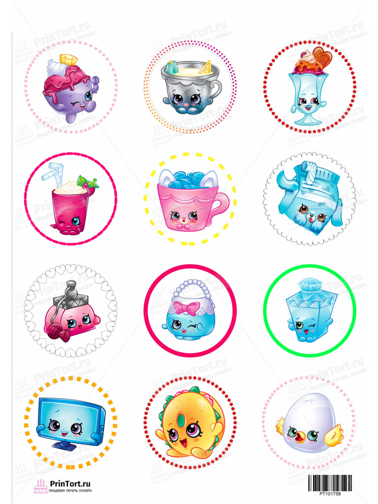 Сахарная и вафельная Картинка для капкейков «Шопкинс (Shopkins)  — PT101758 | Пищевая печать на торте, сахарной, вафельной бумаге -> PrinTort.ru