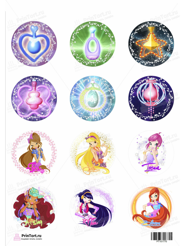 Сахарная и вафельная Картинка для капкейков «Винкс (Winx club)  — PT101770 | Пищевая печать на торте, сахарной, вафельной бумаге -> PrinTort.ru