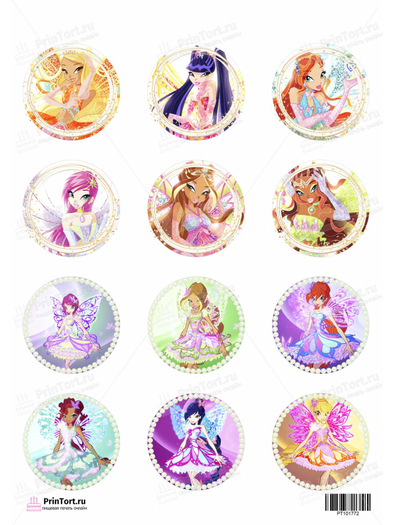 Сахарная и вафельная Картинка для капкейков «Винкс (Winx club)  — PT101772 | Пищевая печать на торте, сахарной, вафельной бумаге -> PrinTort.ru