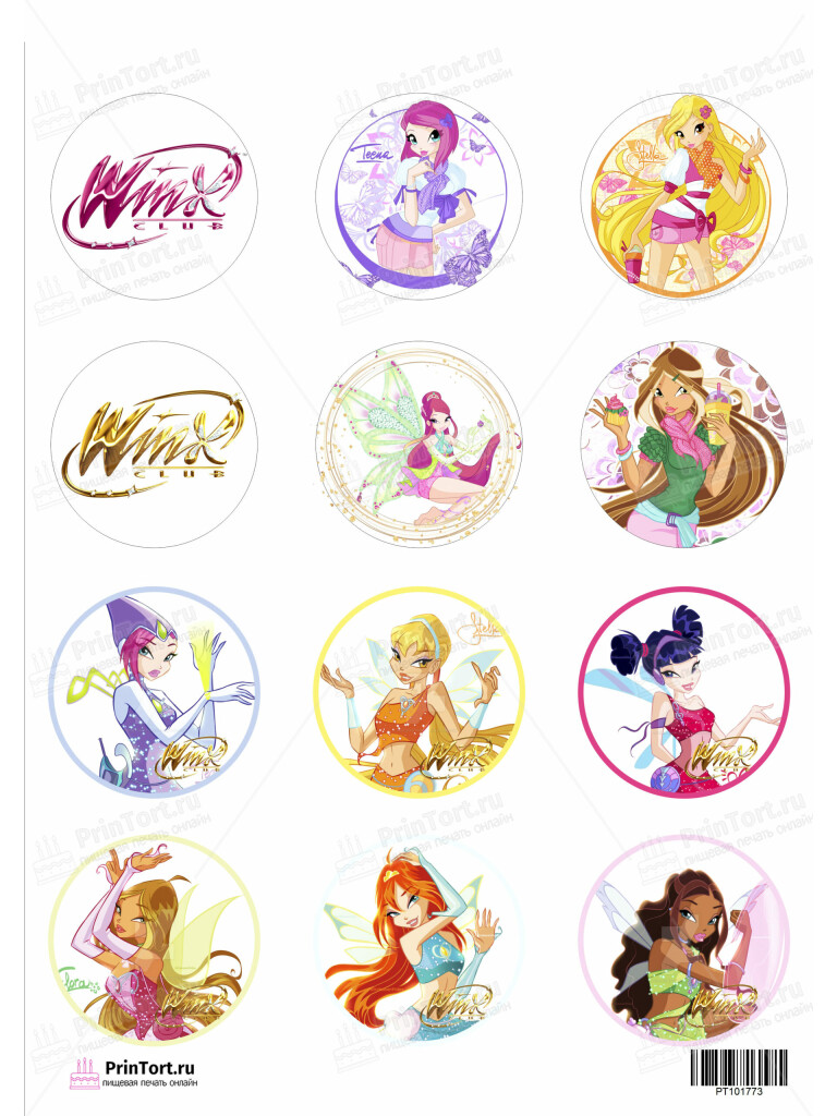 Сахарная и вафельная Картинка для капкейков «Винкс (Winx club)  — PT101773 | Пищевая печать на торте, сахарной, вафельной бумаге -> PrinTort.ru