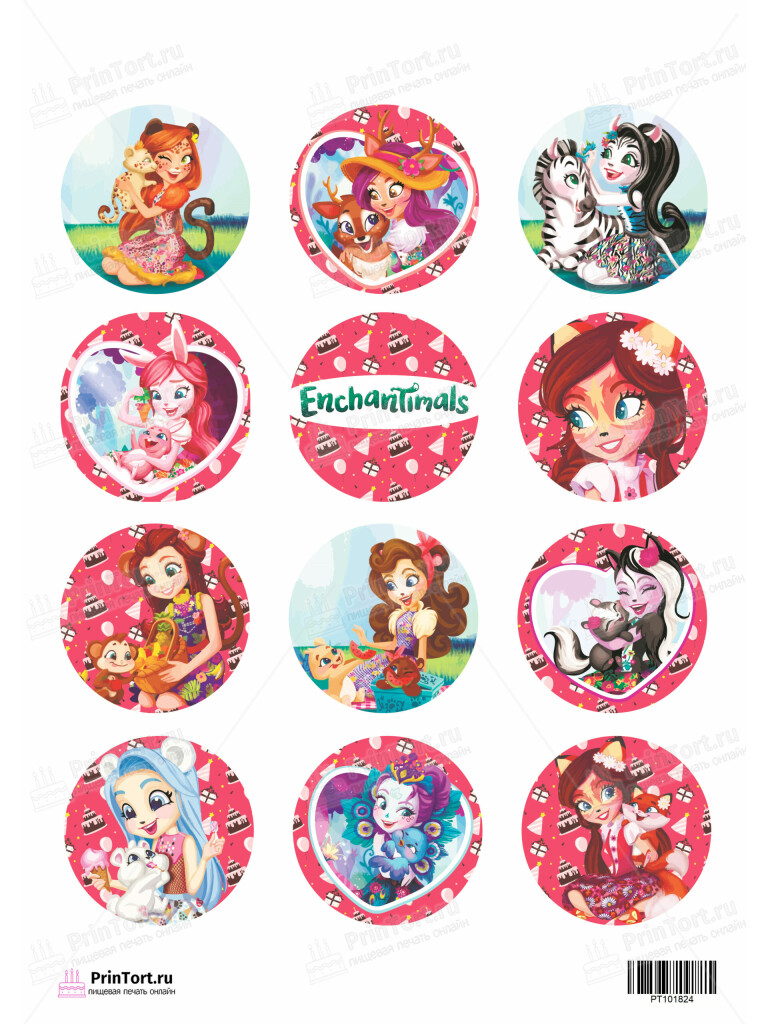 Сахарная и вафельная Картинка для капкейков «Энчантималс (Enchantimals)»  — PT101824 | Пищевая печать на торте, сахарной, вафельной бумаге -> PrinTort.ru