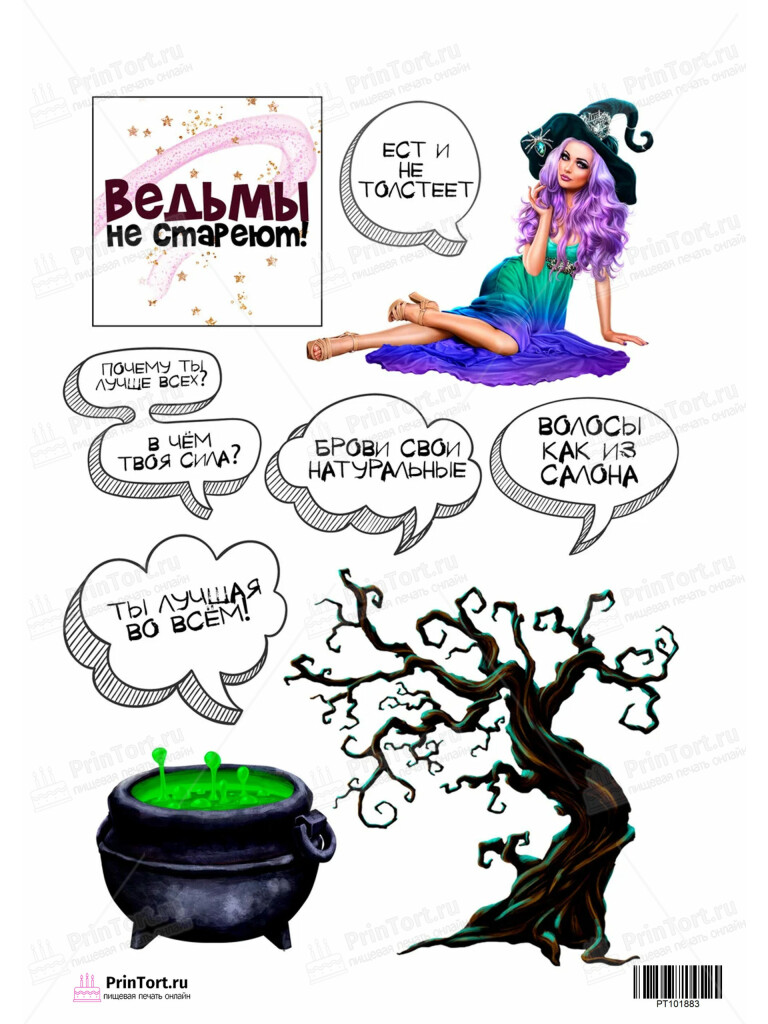 Сахарная и вафельная Картинка для торта «Ведьмы не стареют» — PT101883 | Пищевая печать на торте, сахарной, вафельной бумаге -> PrinTort.ru