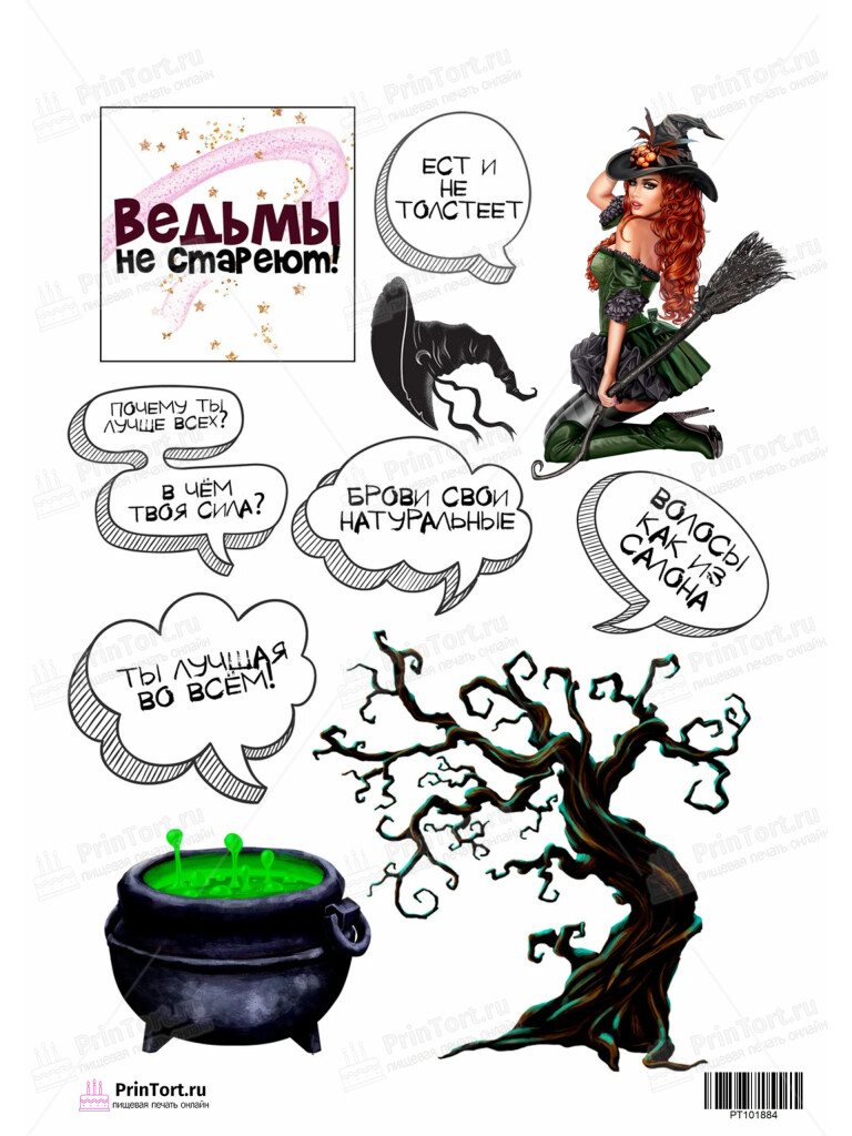 Сахарная и вафельная Картинка для торта «Ведьмы не стареют» — PT101884 | Пищевая печать на торте, сахарной, вафельной бумаге -> PrinTort.ru