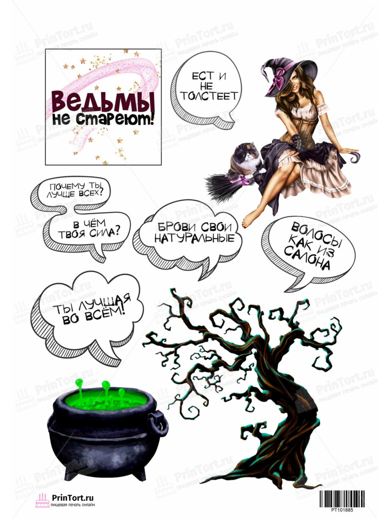 Сахарная и вафельная Картинка для торта «Ведьмы не стареют» — PT101885 | Пищевая печать на торте, сахарной, вафельной бумаге -> PrinTort.ru