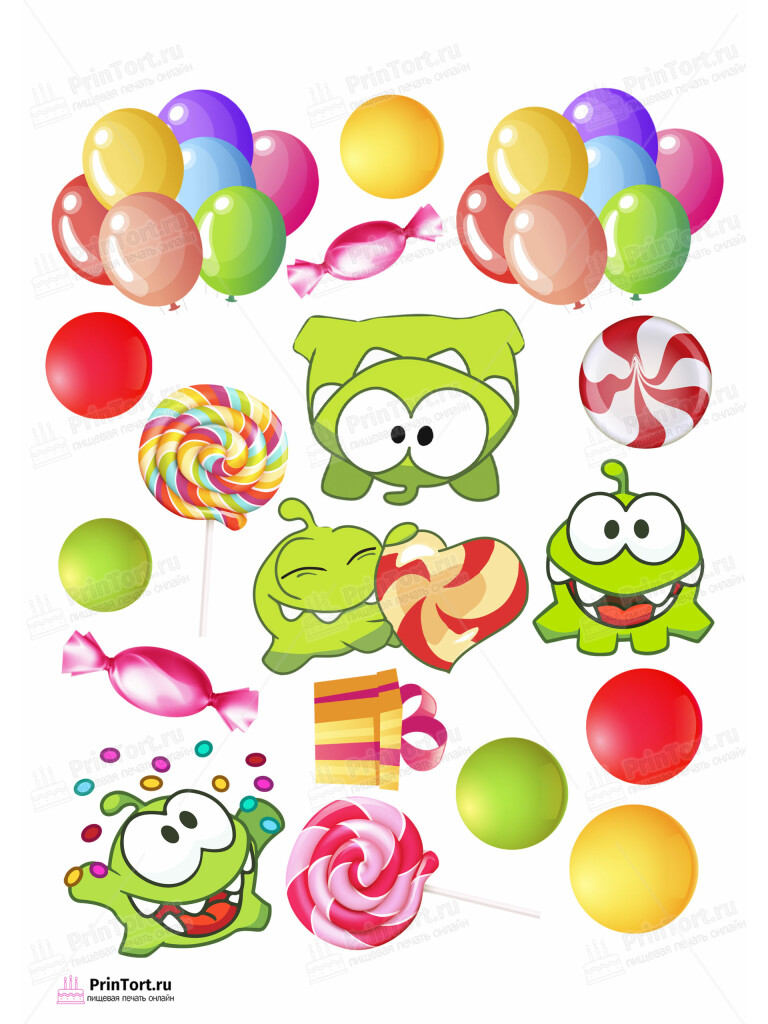 Сахарная и вафельная Картинка для торта «Ам-Ням (Cut the rope)» — PT102046 | Пищевая печать на торте, сахарной, вафельной бумаге -> PrinTort.ru