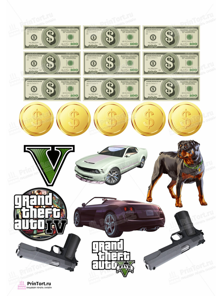 Сахарная и вафельная Картинка для торта «ГТА (GTA)»- PT102058 | Пищевая печать на торте, сахарной, вафельной бумаге -> PrinTort.ru