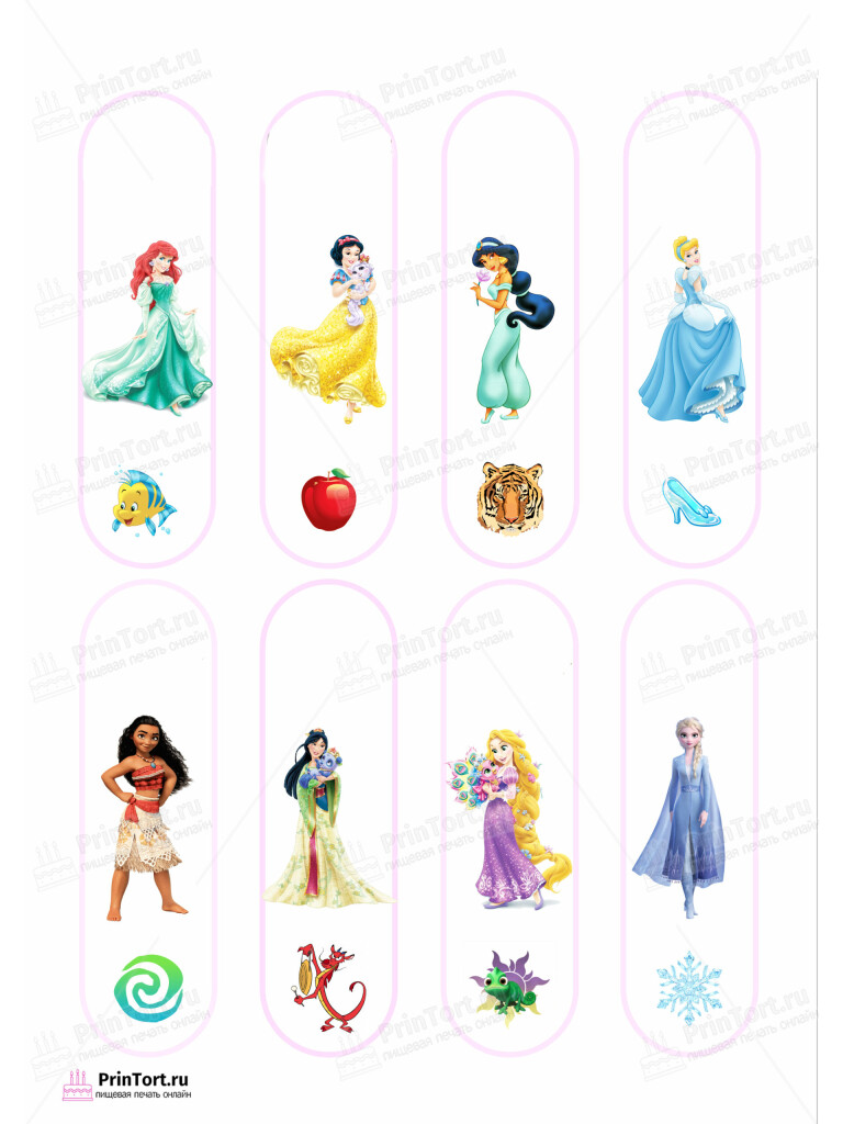 Сахарная и вафельная Картинка для эклеров «Принцессы Дисней (Walt Disney) » — PT102233 | Пищевая печать на торте, сахарной, вафельной бумаге -> PrinTort.ru