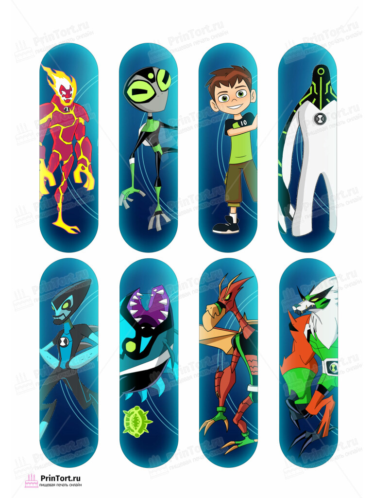 Сахарная и вафельная Картинка для эклера  «Бен Тен (Ben 10)» — PT102346 | Пищевая печать на торте, сахарной, вафельной бумаге -> PrinTort.ru