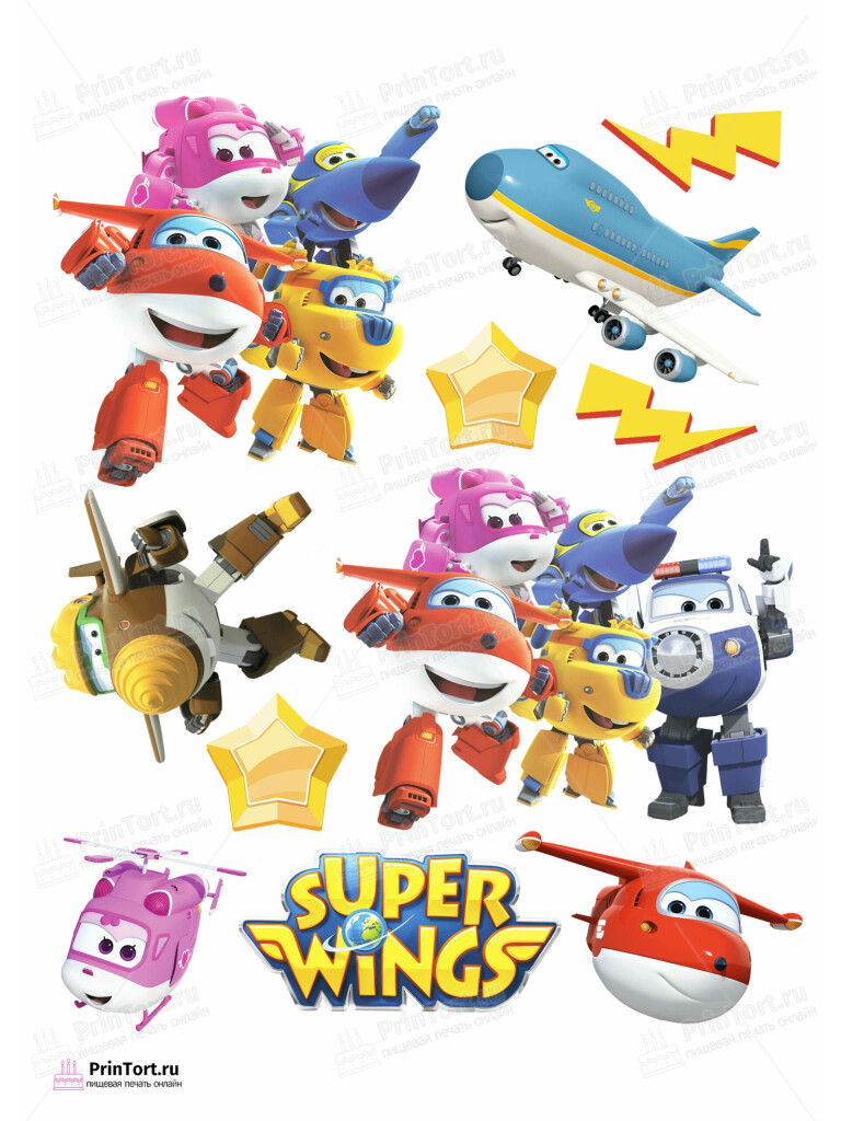 Сахарная и вафельная Картинка для торта «Супер крылья (Super Wings)» — PT102865 | Пищевая печать на торте, сахарной, вафельной бумаге -> PrinTort.ru