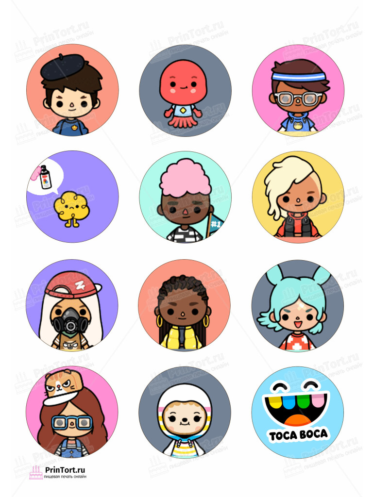 Сахарная и вафельная Картинка для капкейков «Тока Бока (Toca Boca)» — PT103671 | Пищевая печать на торте, сахарной, вафельной бумаге -> PrinTort.ru