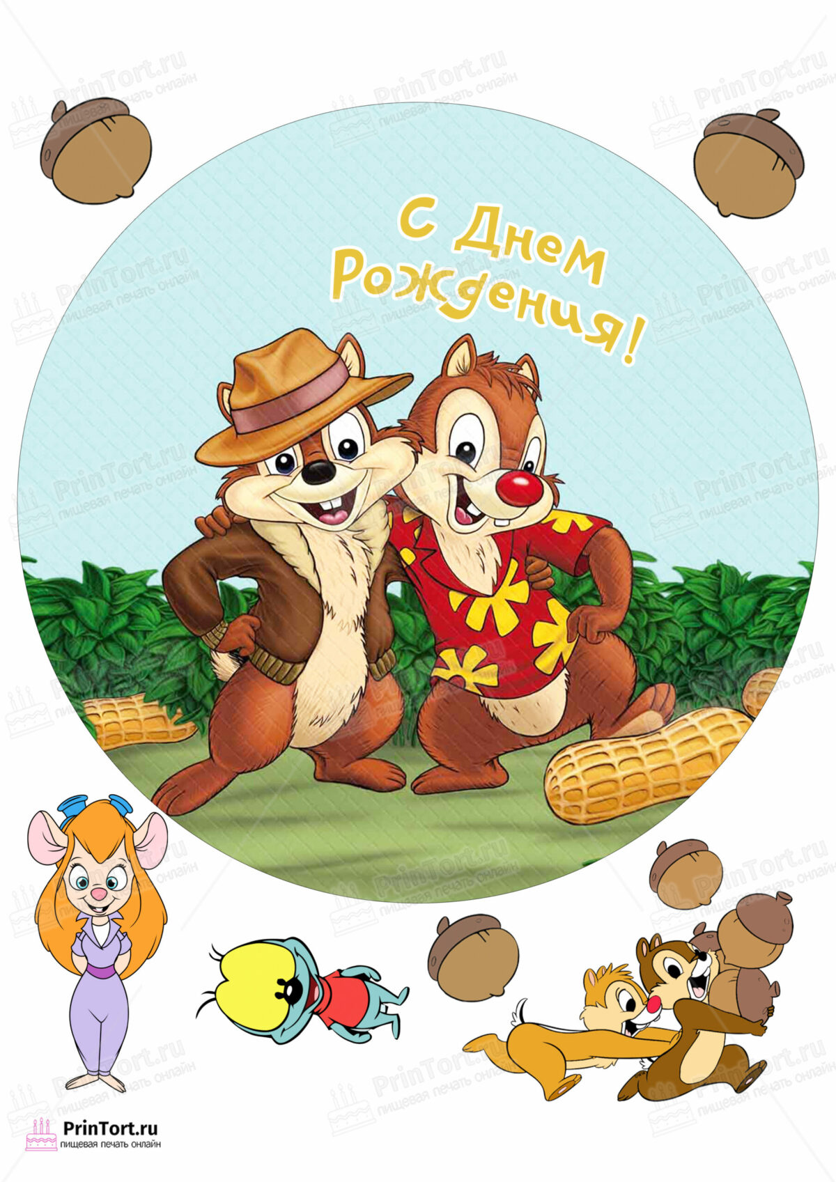 Сахарная и вафельная Картинка для торта «Чип и Дейл (Chip and Dale)» — PT103690 | Пищевая печать на торте, сахарной, вафельной бумаге -> PrinTort.ru