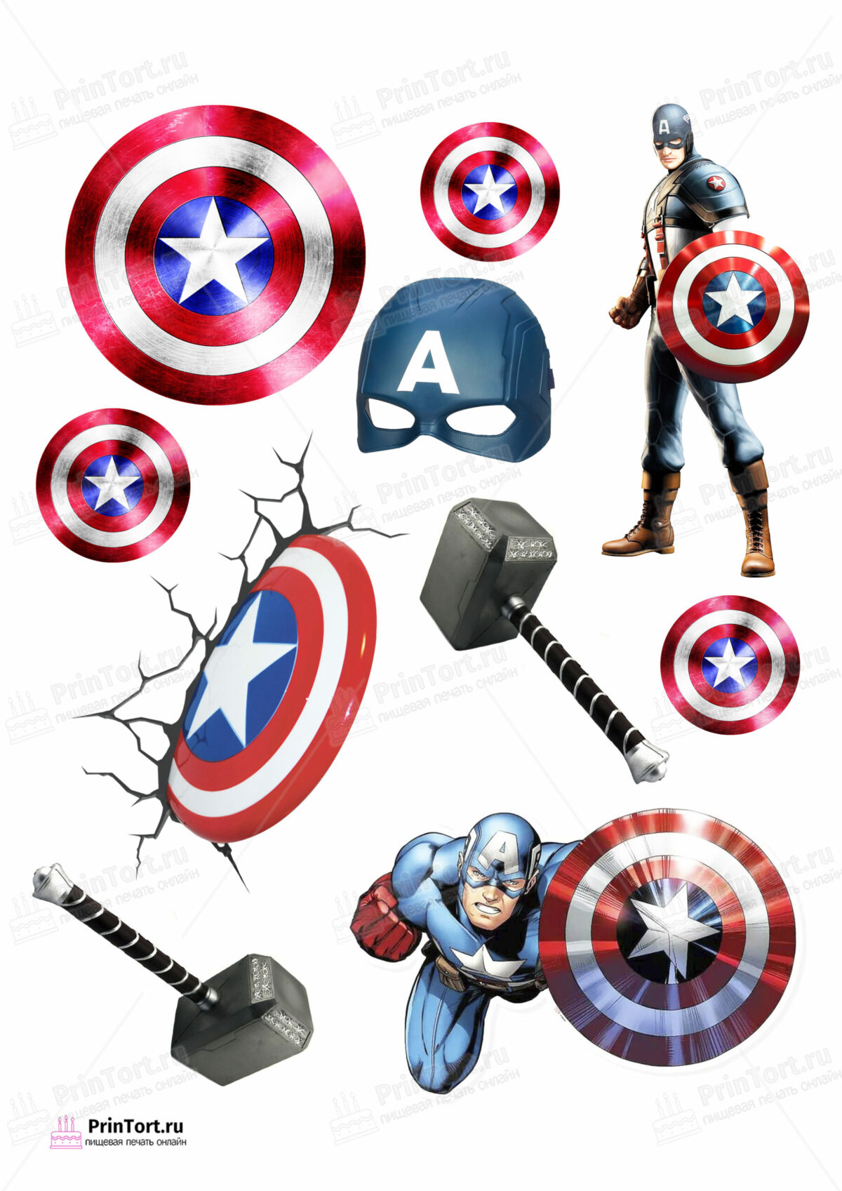 Сахарная и вафельная Картинка для торта «Капитан Америка (Captain America)» — PT103829 | Пищевая печать на торте, сахарной, вафельной бумаге -> PrinTort.ru