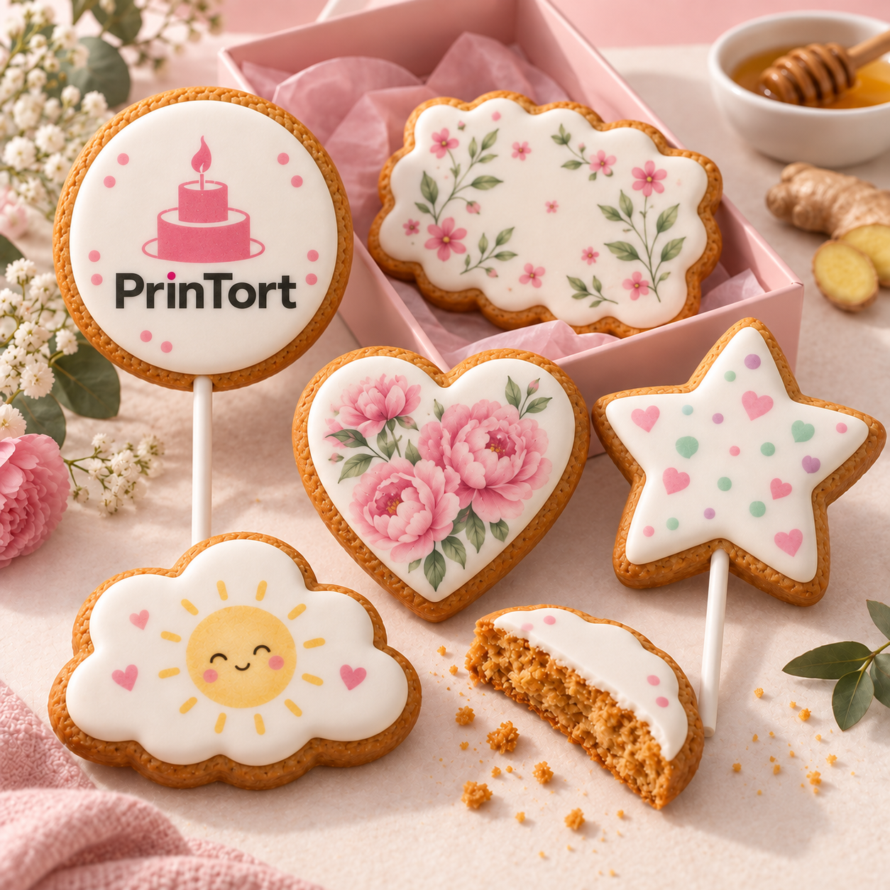 Главная PrinTort — пряники, логотип ровно по оси палочки