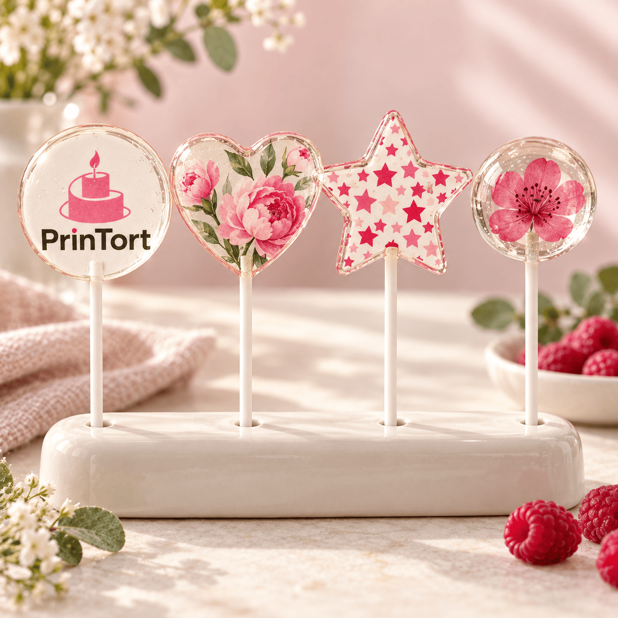 Главная PrinTort — Четыре формы леденцов с сахарной картинкой: круг PrinTort, цветочное сердце, звезда и сфера