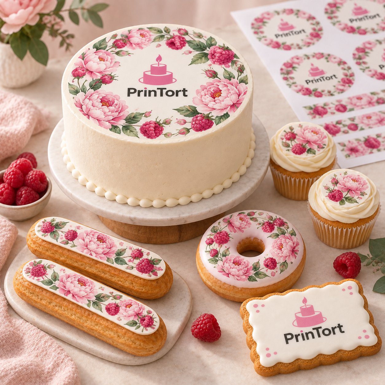 Главная PrinTort — Одна сахарная печать на торте, капкейках, эклерах, пончике с вырезанным центром и прянике
