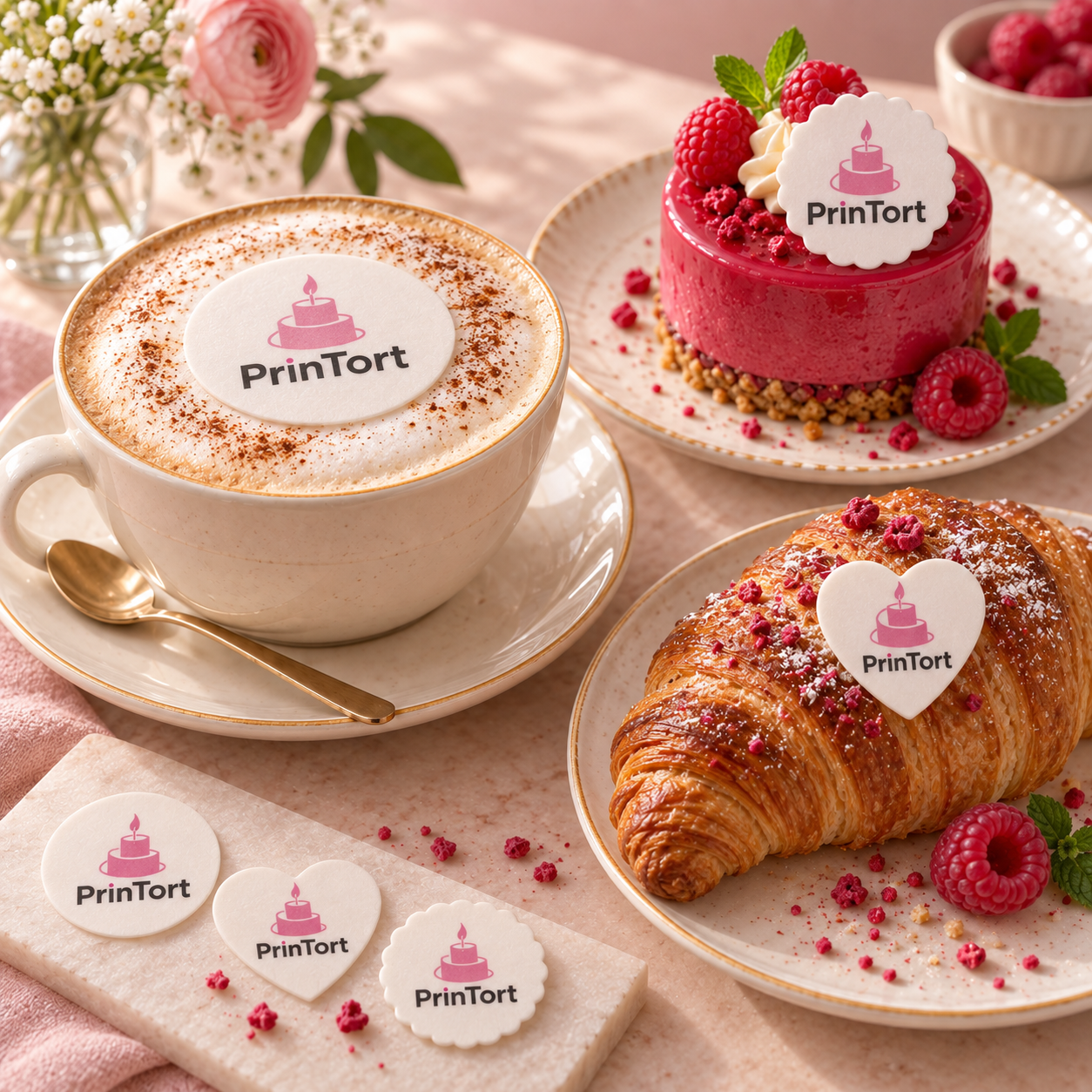 Главная PrinTort — Унифицированные фигурки SWIPS с одним знаком на кофе, десерте и круассане